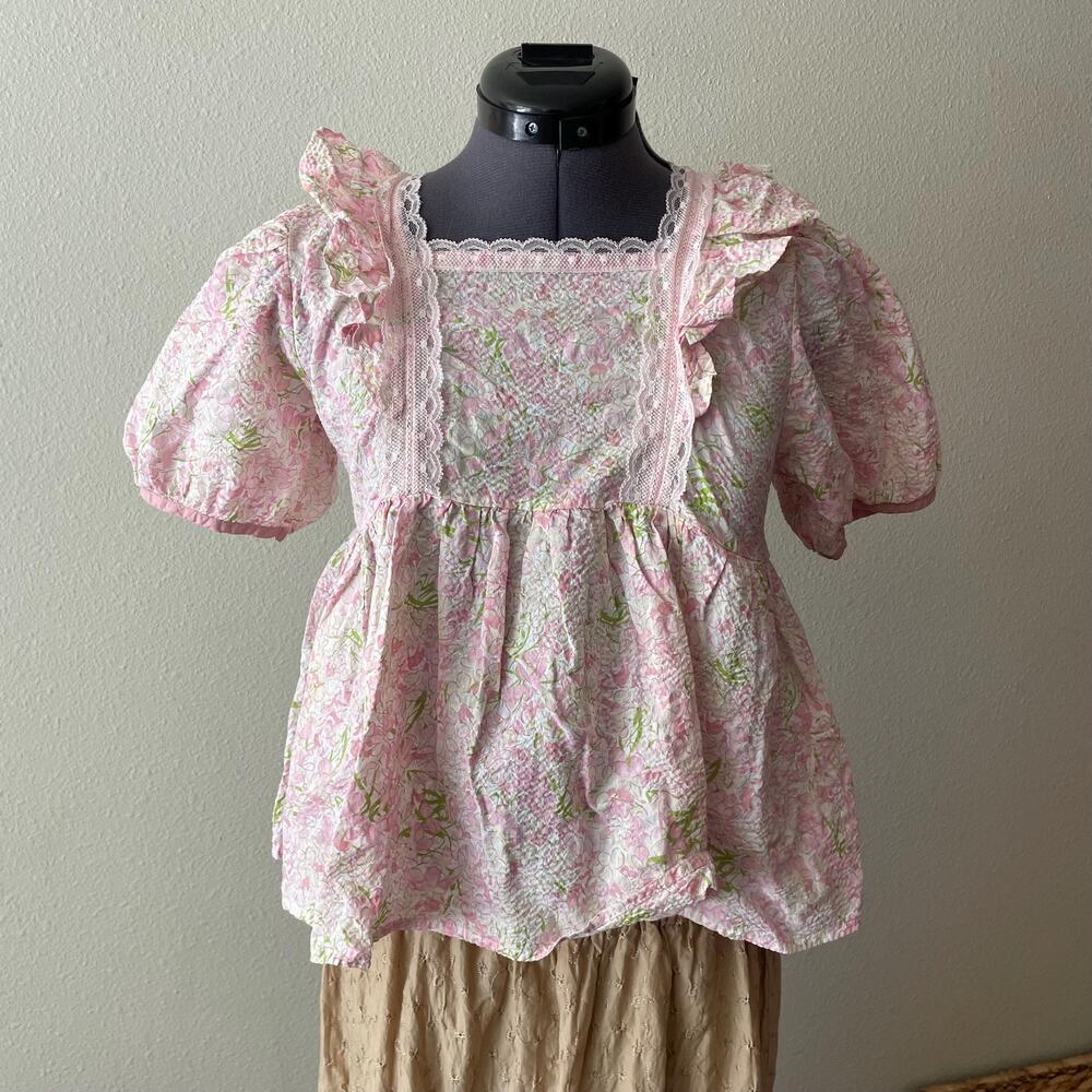 y2k floral pink babydoll top korean coquette cottage fairy | size XS
